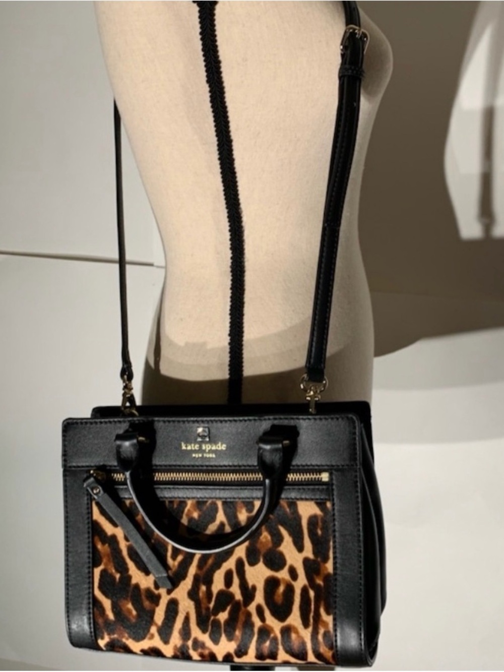 kate spade Leopard Print calf hair and Black Leather Satchel Crossbody Handbag